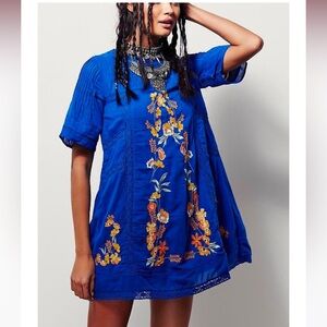 Anthropologie Free People Perfectly Victorian Blue Embroidered minidress